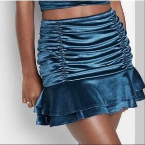Y2K Teal Velvet Ruched Mini Skirt W Ruffle Hem Xs